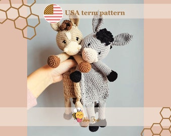 BUNDLE PATTERN: Horse, Donkey blanket lovey crochet pattern/ farm collection lovey pattern/ 2 in 1 pattern combo, Crochet DIY, Crochet toy