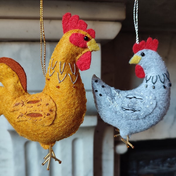 Rooster and Hen decoration Felt rooster and hen decorations Chickens decorations