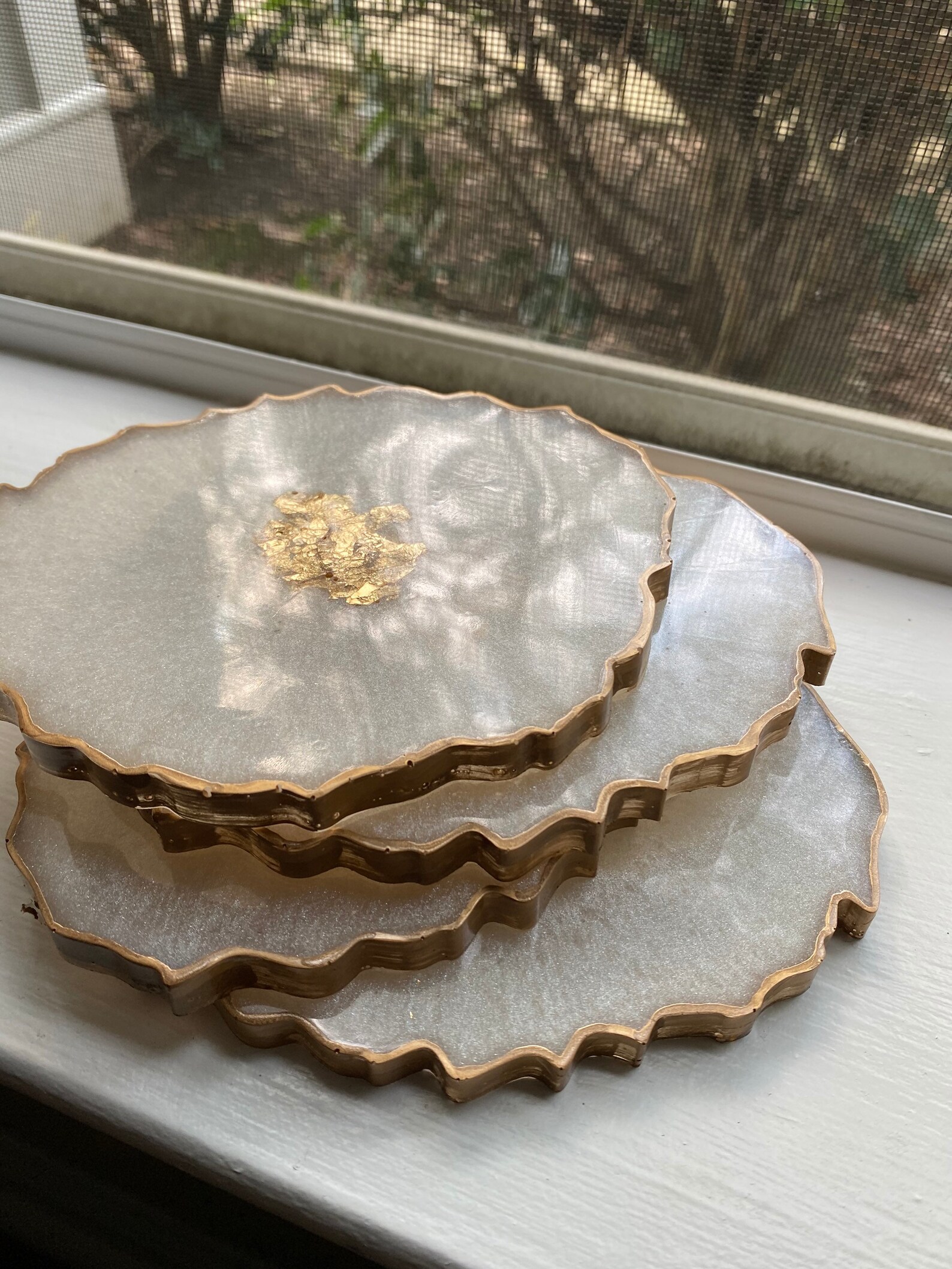 White & Gold Resin Coasters Etsy
