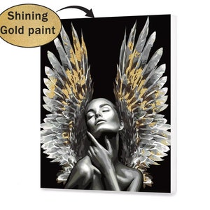 Angel Paint by Numbers Kit – DIY Girl with Golden Wings Canvas Wall Art, Spiritual Painting for Adults OX0082