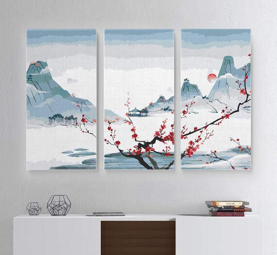 Japanese Ocean Paint by Numbers Kit – 3 Panel DIY Canvas Wall Art