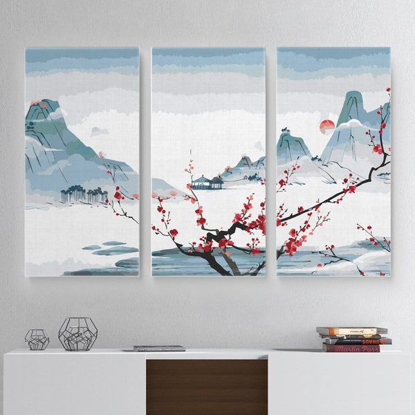 Japon Triptyque Peinture d’art mural par numéros Panneaux Bricolage à la main Sakura Peinture par numéros Kit Image avec un design unique Peinture par numéros RA0400