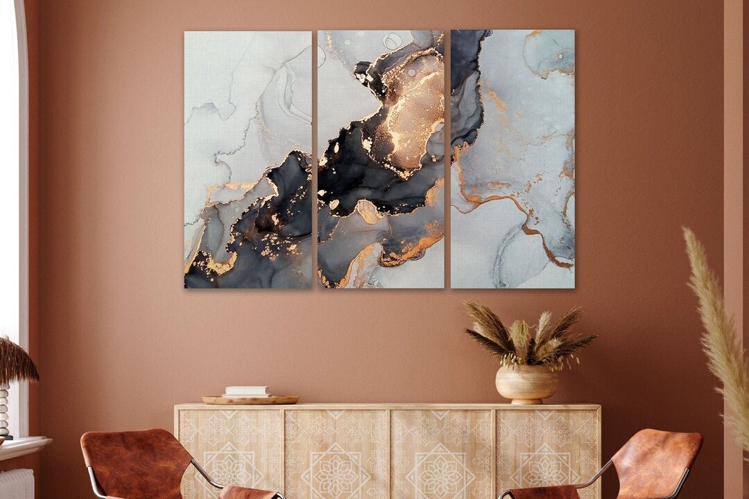 Golden Black and White Marble Wall Art Artwork Canvas Print Golden Art