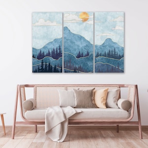 Mountain Paint by Numbers Kit – DIY 3 Panel Modern Landscape Canvas Wall Art, Nature Painting for Adults RA0176