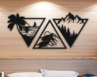 Sea Mountain Forest Hill Wall Decor | Set of 3 Wooden Panel | Nature Decoration | Pine Tree Silhouette | Laser Cut Art | Wildlife Home Decor