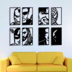 Avengers Face Portraits Wood Wall Art Set 8,Geometric Framed Avenger Superheroes Wall Decor, Wooden Spiderman Thor Hulk Ironman Wall Hanging