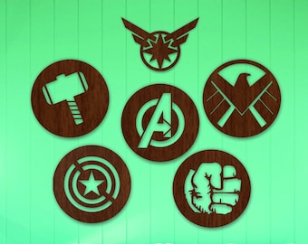 Decoración de pared de los Vengadores: Arte geométrico en madera - Juego de 6 logotipos de superhéroes