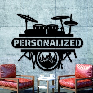 Personalized Drum Set Wall Decor | Custom Name Percussion Set | Rock Music Instrument Wooden Wall Art | Gift for Drummer | Studio Decor