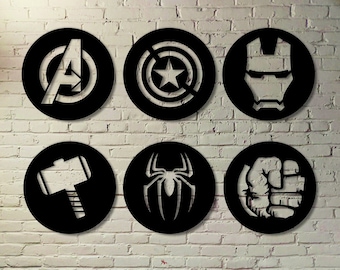 6 PCS Avengers Wall Decor Set / Logotipos de superhéroes / Thor, Hulk, Spiderman, Ironman, Capitán América Signos / Arte de madera / Decoración geométrica de la pared