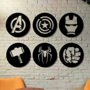 6 Stück Avengers Wanddeko Set | Superhelden Logos | Thor, Hulk, Spiderman, Ironman, Captain America Zeichen | Holzkunst | Geometrische Wanddekoration