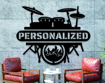 Personalisierte Trommel-Set-Wand-Dekor | Benutzerdefinierte Name Percussion Set | Rock Musik Instrument Holzwand Kunst | Geschenk für Schlagzeuger | Atelier Dekor