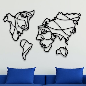 Carte du monde des continents avec une silhouette de femme | Design d'intérieur en bois | Décoration murale géométrique pour salon | Décoration d'intérieur minimaliste moderne