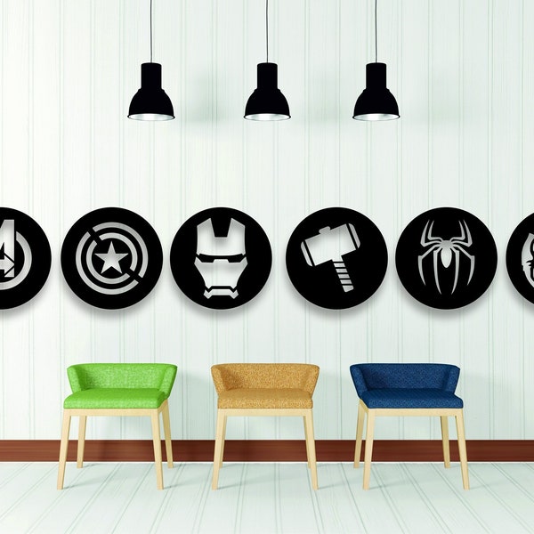 Avengers Wall Decor Set of 6 | Superhero Logos | Thor, Hulk, Spiderman, Ironman, Captain America Signs | Wooden Art | Geometric Wall Decor