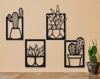 Cactus Wall Decor Hangings 4 Pieces | Flowers Decoration | Wooden Nature Decor | Gift Idea | MDF Laser Cutting Sign | Wood Art Home Deco