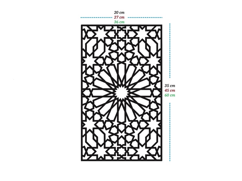 May include: Black and white geometric design with a repeating star pattern. The design is 20 inches wide, 27 inches tall, and 36 inches long.