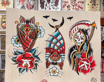 American Traditional Bats and Reaper tattoo flash PRINT