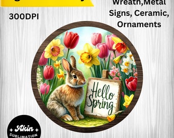 Enchanting Hello Spring Bunny Sign, Radiant Daffodils Decor, Perfect Welcome , Spring Wreath Sign, Sublimation Design, Welcome Signed