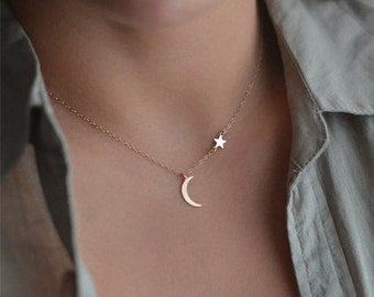 Crescent Moon Necklace, Silver Plated Necklace, Minimalist Necklace, Charm Necklace, Celestial Necklace, Layering Necklace, Gift For Her