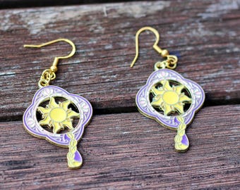 Princess Hand Fan Earrings: Rapunzel, Belle, Cinderella, Jasmine, Aurora, Mulan, made with sterling silver ear hooks.