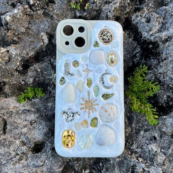 Handcrafted Memor inspired Coastal Cowgirl iPhone Case. Each case is unique. Made with hand picked Sanibel shells and authentic crystals.