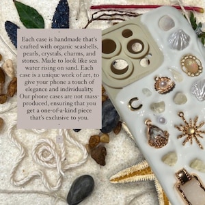 May include: A white phone case decorated with seashells, pearls, crystals, and charms. The case is handmade and has a unique design that looks like sea water rising on sand. Each case is a unique work of art, to give your phone a touch of elegance and individuality. Our phone cases are not mass-produced, ensuring that you get a one-of-a-kind piece that's exclusive to you.
