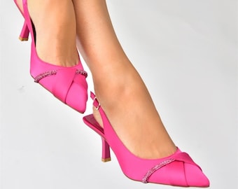 Fuchsia Satin Fabric Heeled Women's Evening Dress Shoes