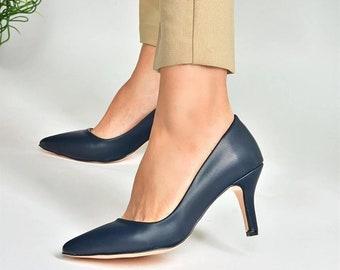 Navy Blue Low Heeled Women's Shoes / Royal Blue Leather Women's Heeled Shoes/ Meeting, work shoes