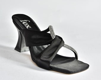 Black Satin Fabric Stone Heeled Evening Dress Slippers