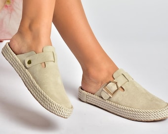 Beige Suede Closed Toe Mule Slippers for Women, Minimalist Comfort Slides, Handmade Turkish Slip On Shoes, Casual Chic Flat Sandals