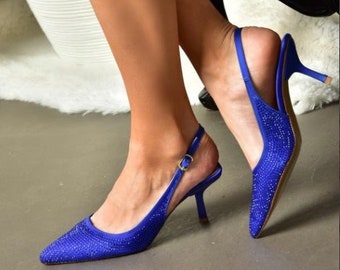 Fabric Stone Thin Heeled Women's Evening Dress Shoes / Saks blue Thin Heeled Party Shoes