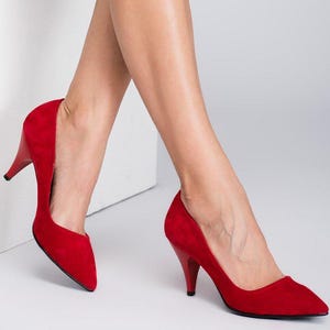 Red Suede Mid Heel Pumps – Handmade  Women’s Shoes – Elegant Pointed Toe Heels for Parties & Weddings - Elegant Red High Heel Shoes
