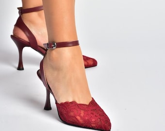 Burgundy Lace Stiletto Heels, Wine Red Bridal Shoes, Elegant Lace Pumps, Pointed Toe High Heels, Wedding Shoes, Evening Party Heels