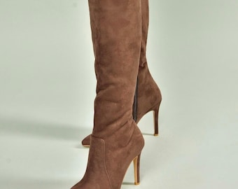 Brown Suede Stiletto Boots – Pointed-Toe, Elegant Evening Shoes
