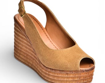 Tan Suede Peep-Toe Wedge Heels, Minimalist Summer Platform Sandals