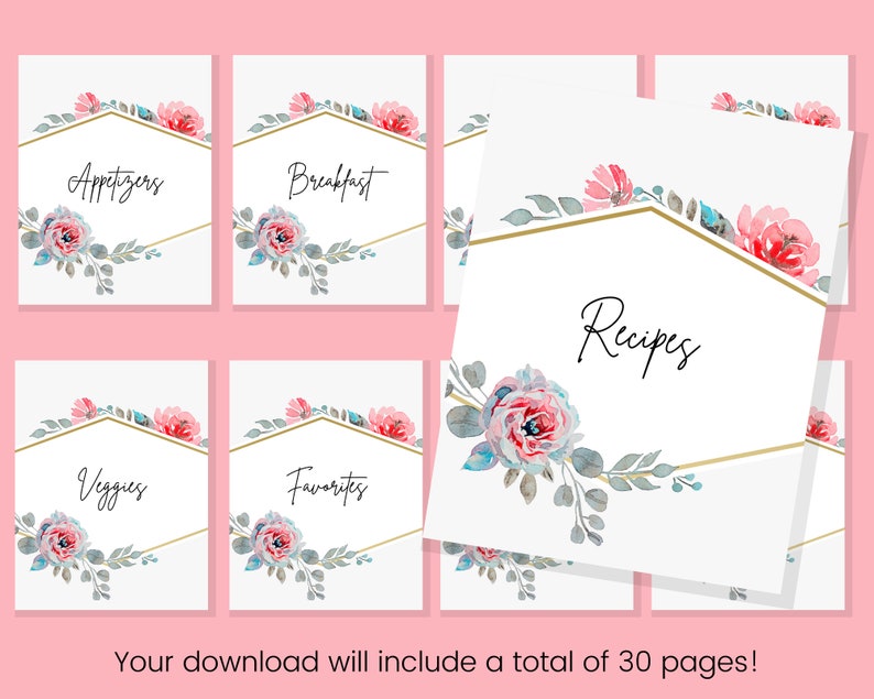 Recipe Binder Dividers Pink Floral Hexagon Cookbook Labels Etsy