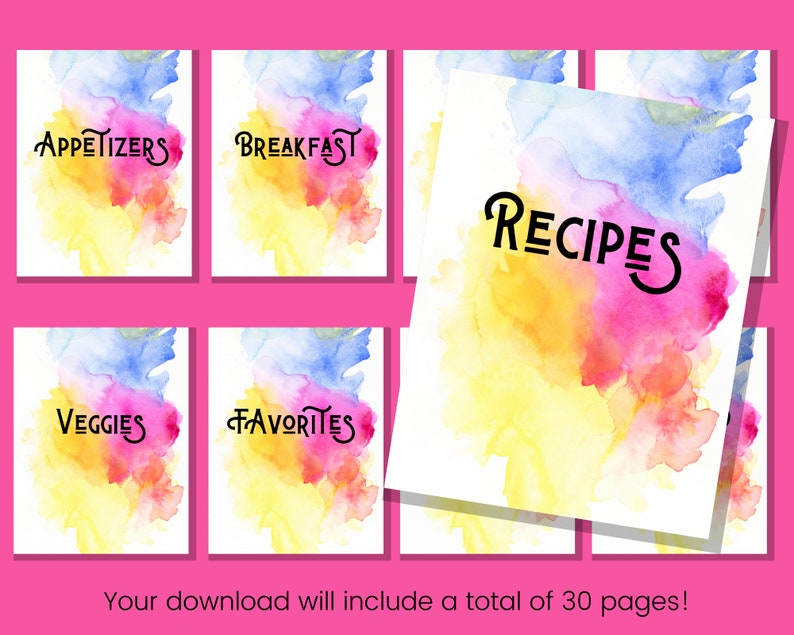 Recipe Binder Dividers Watercolor Design Cookbook Labels Etsy