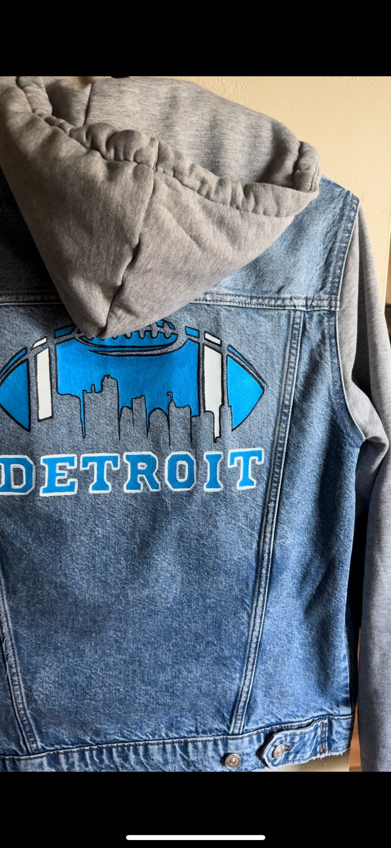 Detroit Football Painted Denim Jacket, Lions Jacket, Football Jean