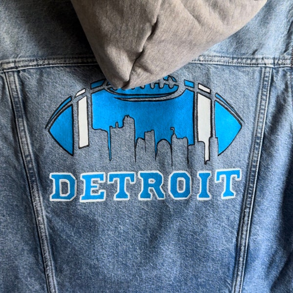 Detroit football painted denim jacket, Lions Jacket, Football Jean Jacket, Detroit Jacket, Lions Football jacket