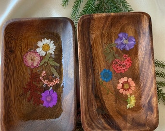 Acacia Wood Dried Flower Resin Wooden Trinket dish Tray Decor Earrings Jewelry Holder Handmade