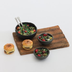 1:12 scale miniature food, salad and hamburger set, dollhouse kitchen accessories