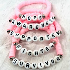 Pink Breast Cancer Awareness Heishi Beaded Stretch Bracelets with Custom Wording