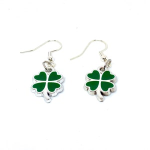 Green Four-Leaf Clover Silver and Gold Shamrock Dangle Earrings, 4 Leaf Clover, St Patrick's Day Earrings, Lucky Irish Earrings