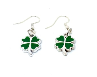 Green Shamrock Dangle Earrings: Lucky Irish Four-Leaf Clover