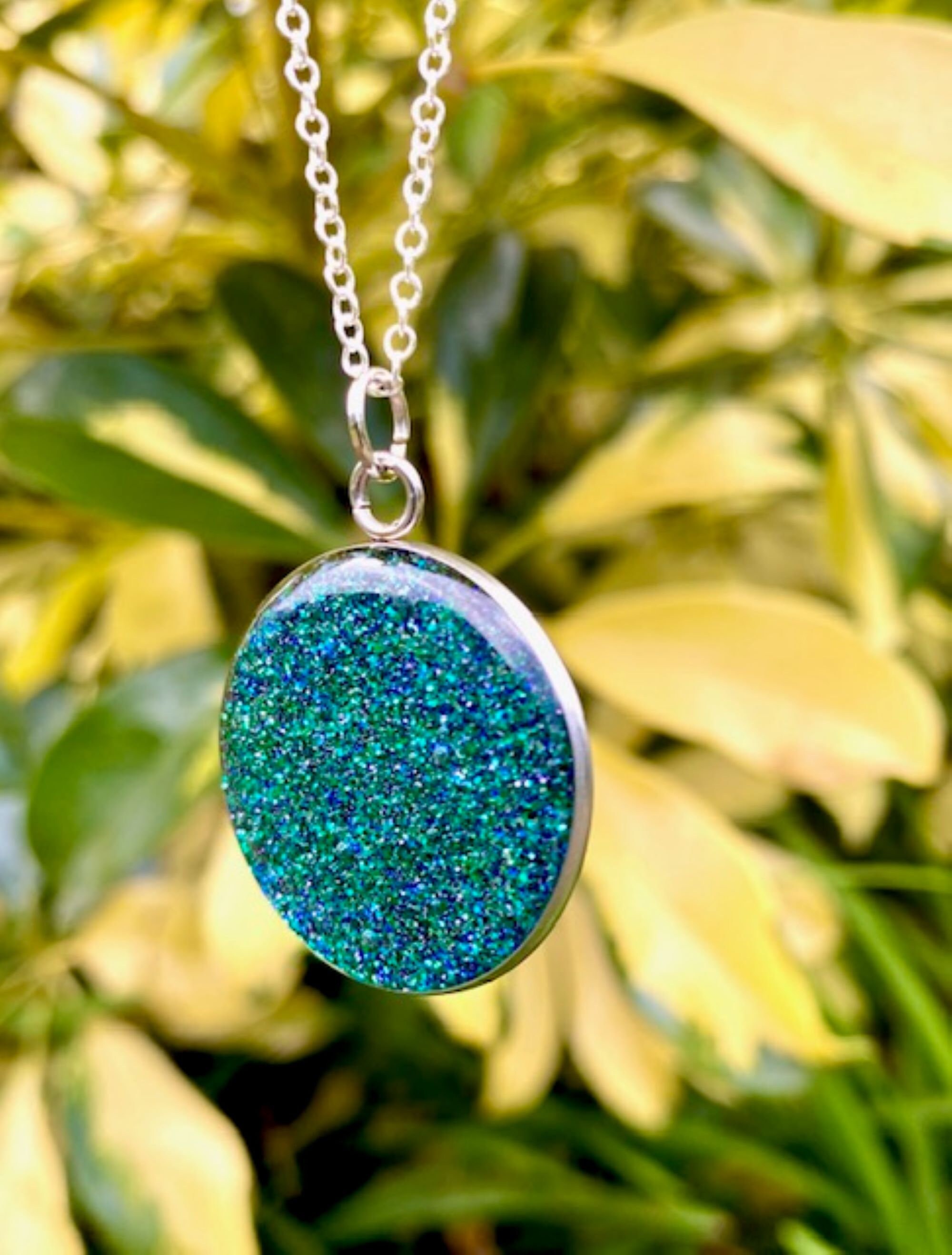 Glitter Pendant Necklace Green Pendant Necklace Green Glitter Etsy
