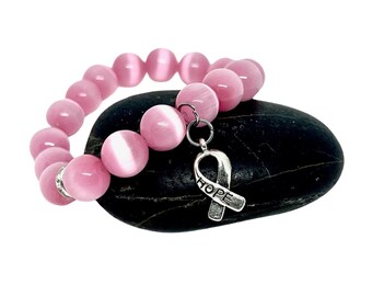 Pink Cat's Eye Beaded Bracelet: Breast Cancer Awareness Ribbon