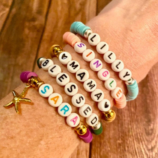 Friendship bracelet, Custom Heishi Beaded Stretch Bracelet, Personalized Heishi Word Bracelet, Polymer Clay Disc Beads, Mama Bracelet