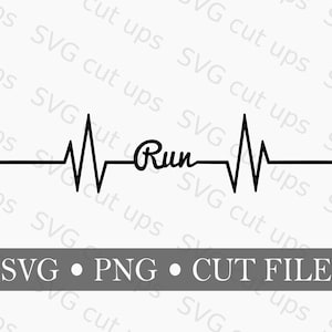 May include: A black graphic design featuring a heartbeat line pattern with the word Run written in a cursive script in the center. Below the graphic, a dark gray horizontal bar contains the white text SVG • PNG • CUT FILE.