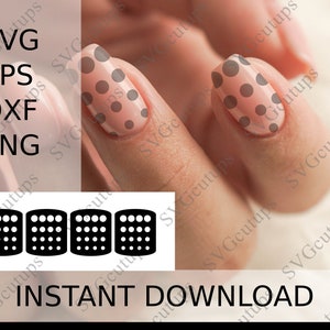May include: A set of four nail art stencils with a grid pattern. The stencils are black and white and are designed to create polka dot nail art. The image also shows a hand with nails painted with a polka dot design.