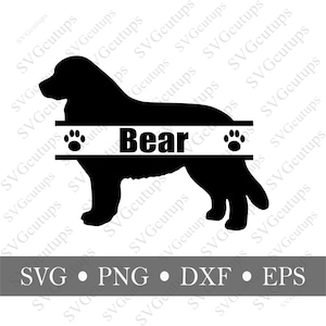 May include: A black silhouette of a dog with the name "Bear" in white letters across its body. Paw prints are on either side of the name. Below the dog is a gray rectangle with the file types: SVG, PNG, DXF, and EPS.