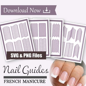 May include: A digital collection of nail guides for French manicures featuring SVG and PNG files. The image displays four sheets of purple-lined patterns including wavy, chevron, and curved shapes, with text reading Download Now, SVG & PNG Files, Nail Guides, and FRENCH MANICURE.